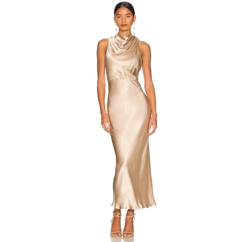 Shona Joy La Lune High Cowl Neck Maxi Dress 2 Champagne Gold Satin Long Formal